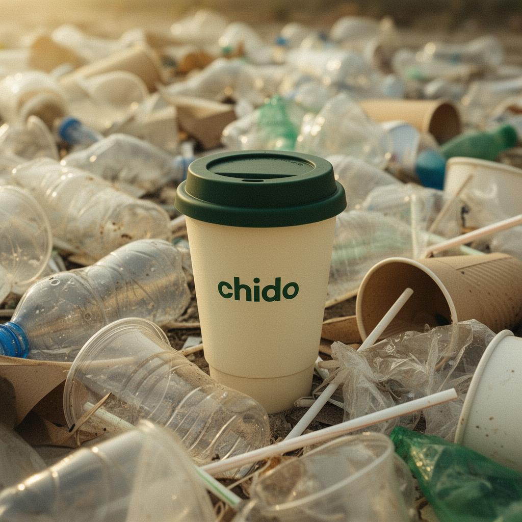 Vaso reutilizable chido destacando nítido entre un mar de vasos y botellas desechables