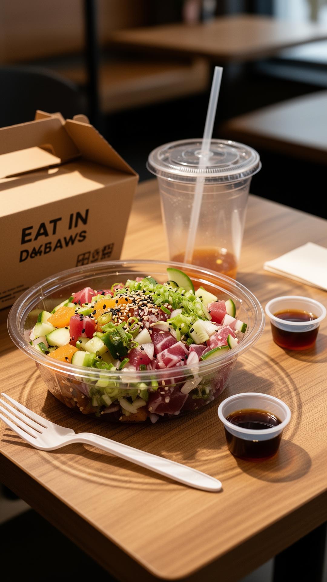 Mesa de counter-service con poke bowl, cubiertos y vaso desechables